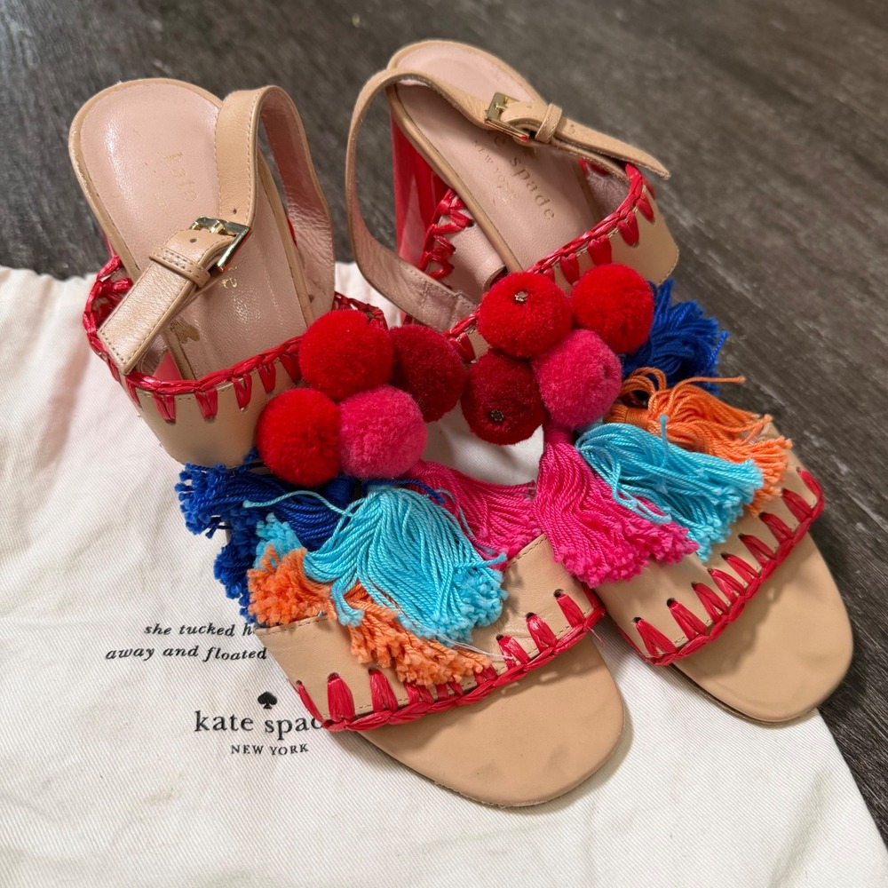 Kate Spade Tassel Pompom Sandals‎ Women 7 Tan Red Block Heel Multi Color Boho
